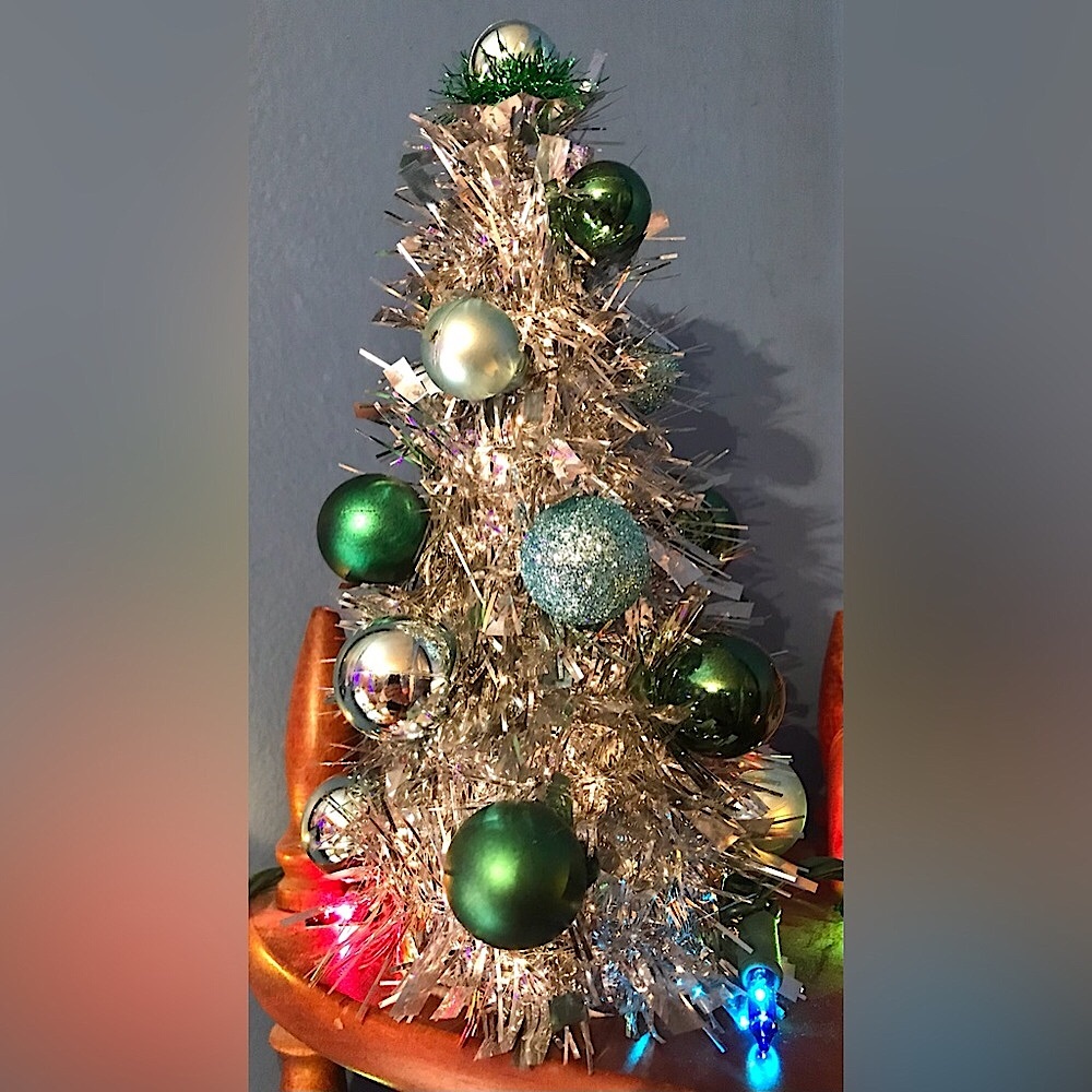 Anthropologie Silver Small Retro Table Christmas Tree Green Blue Ornaments